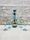 Vintage 1950s Aqua Blue   24k Gold Hand Blown Decanter W 4 Cordial Glasses Flora