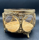Vintage Ormolu Vanity Jewelry Casket box Footed Beveled Amber Glass 7 Sides
