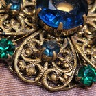 Vintage Czech Brass Filigree Brooch Blue Green Rhinestone Floral Bohemian Pin   