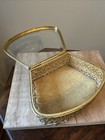 Vintage Jewelry Box Gold Filigree Beveled Glass Ormolu Velvet Casket Trinket Mcm