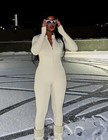 Yeoreo Women s Cream Long Sleeve Workout Jumpsuit Zip Up Romper Bottom Pants S