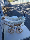 Vtg Brown Wicker Rattan Baby Doll Carriage Stroller Pram Buggy Wood Wheels 18 