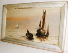 Original Antique Oil Painting On Cardboard Signed Seascape Marina Fishing Boats