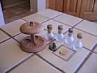 Ca 1930  Irice  Wooden 4 Perfume Bottle Caddy   Brass   Enamel Lock  Key  Guitry