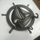 Vintage Brass Sailboat Wheel With Ship In Center With Hooks To Hang Keys Etc 