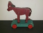 Primitive Vintage Brown Wooden Cow Calf Pull Toy Hand Made Painted Folkart 7 h