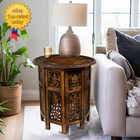 Solid Wood Accent End Table - Hand Carved Vintage Boho Folding Side Table - Smal