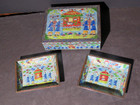 Vintage Chinese Enamel Box  men Carrying A Sedan Chair  With 2 Matching Trays