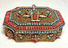 Vintage Nepal Tibet Brass Filigree Box Turquoise   Coral Stones Shiva Buddha