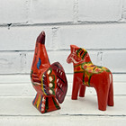 Hand Painted Swedish Dala Rooster And Horse Wood Figurines Red Mini Hand Painted