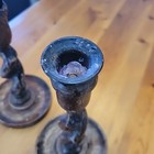Antique English Oak Barley Twist Pair Candlesticks Candle Holders  