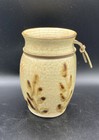 Studio Art Pottery Vase Leaves  Leather Trim Vintage Artist Signed 6 5   