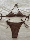 Aerie Brown Ribbed Halter Bikini Top   Tie-side Bottoms 2-piece S Upf 50