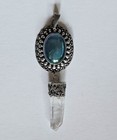 Vintage 925 Sterling Silver Blue Glass Cabochon Pendant W  Clear Quartz Point