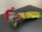 Goldtone Metalic Rhinestone 6 5  Peacock Red Head Bird Figurine Trinket Box 