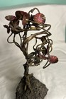 Vintage Brutalist Metal Flowers Sculpture W  Lava Stone Base