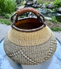 Vintage Large Hand Woven Bolga Pot Basket Leather Wrap Handle Ghana Artisan