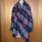 Tartan Plaid Blanket Scarf Wrap Shawl Navy  Fringe Oversized Cozy Winter 54    Nwt