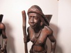 2pc Hand Carved Dark Wood Tribal African Sculpture Couple W Animals Warriors 16 