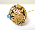 Antique Hatpin Large Openwork Floral Ball Aqua Glass Terminal