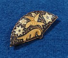 Vintage Estate Spanish Damascene Floral Bird Fan Brooch Matching Pill Box