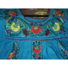 Vintage Mexican Hand Embroidered Floral Peasant Dress Blue Huipil Midi Boho L