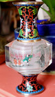 Rare Vtg Chinese Reverse Hand Painted Figural Crystal Vase W Cloisonne Metal