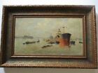Antique Oil Painting Industrial Ship Boat Harbor Marina Port Coastal Landscape