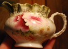 Antique Victorian Porcelain Creamer Hand Painted Flowers W Fluted Piecrust Rim 