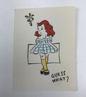 Vintage Mid Century Christmas Greeting Card Cute Girl In Dress Under Mistletoe