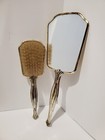 Vintage 3 Pc Filigree Vanity Set Perfume Tray Hair Brush   Hand Mirror Gold Tone