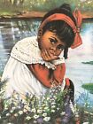 Vintage Black Art African American Print Little Girl Flower Pond Signed 12x16