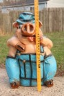 Vintage 1970s Hand Painted Farmer Pig Piggy Bank Ceramic Chalkware 24  Huge