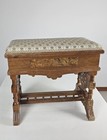 Vintage Tudor Jacobean Wood Storage Bench Woven Seat Hinged Lid Piano Stool