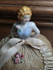 Vintage Porcelain Lady W  Pink Rose Half Pin Cushion Doll Original Fabric   Lace