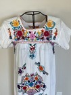 Vintage Mexican Embroidered Dress Floral Handmade Boho Folk White Cotton