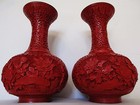 10  Two Antique Chinese Red Cinnabar Lacquer Carved Blue Enamel Vase Pair Set 