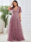 Plus Size Shimmery Pink Evening Gown   V-neck Ruffle Sleeve Long Formal Dress