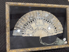 Antique Victorian Era Hand Painted Silk Carved Professionally Framed Hand Fan