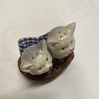 Vtg Porcelain Cat Salt   Pepper Shakers In Basket With Blue Check Cloth