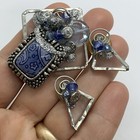 Vtg 80s Blue Art Glass Silver Boho Brooch Earrings Set Lucite Beaded