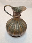 Antique Persian  Middle East Hand Hammered Floral Tooled Copper 8  Pitcher