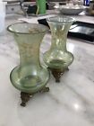 Pair Of Antique French Fine Green Gilt Opaline Bud Glass Vases  Circa 1890