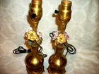 1920s Bronze Porcelain Flowers Boudoir Lamps French Ormolu Leaves Antique Ornate