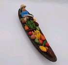 Vintage Colombian Folk Art Clay Fruit Market Boat Figurine Vendor Canoe Man