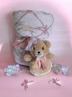 Pink White Beige Girls Security Blanket Plush Bear Theme Baby Nursery