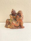 Antique Asian Chinese Or Japanese Wood Carving Statues 2 Figures W  Some Paint