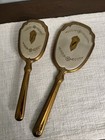 Vintage Brush And Mirror Set  Gold Tone Victorian Pattern Beveled Mirror