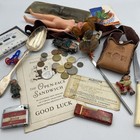 Antique Vintage Junk Drawer Lot Hodge Podge Foreign Coins Silverplate Ephemera