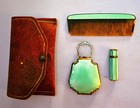 Finberg Enamel Compact lipstick comb Set In Aqua Blue W leather Case